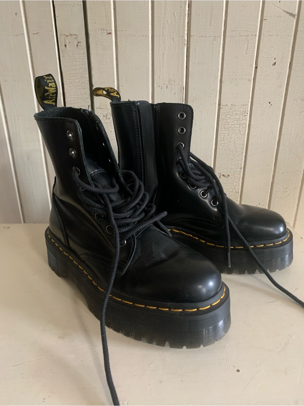 Dr. Martens Jadon Black Leather Platform Lace-Up Boots yellow stitches size 38